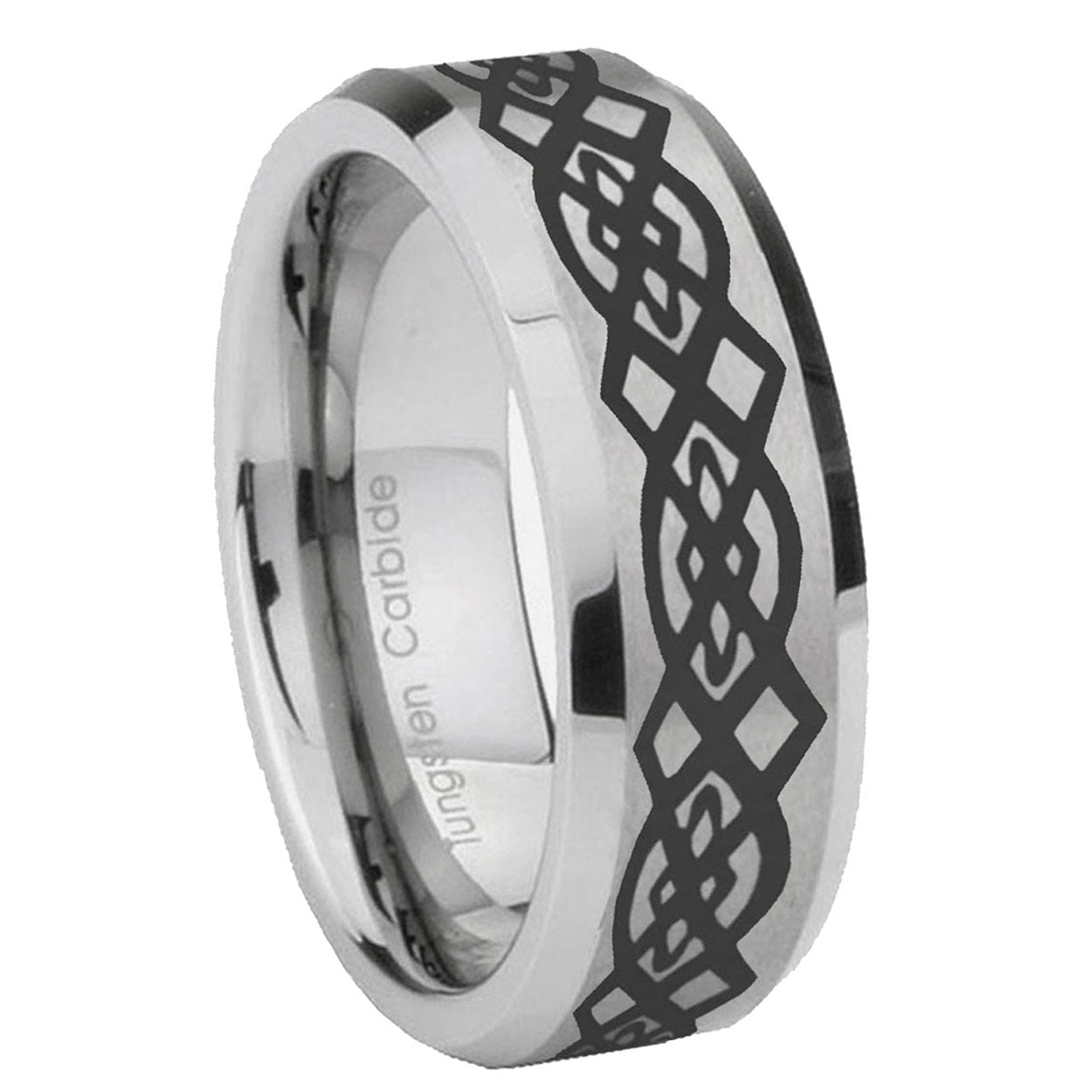 8MM Celtic Knot Beveled Brushed Gray Tungsten Band For Men