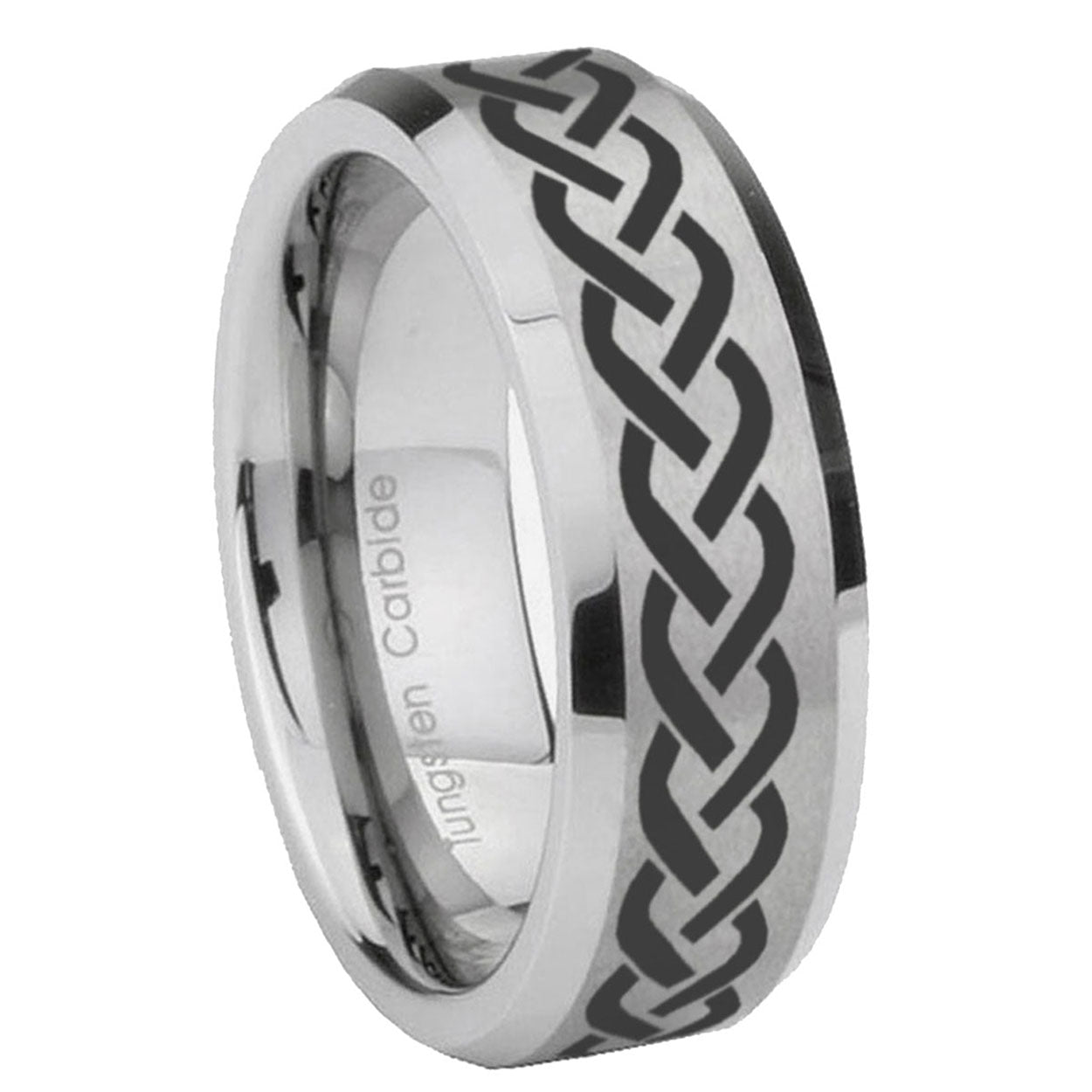8MM Laser Celtic Knot Beveled Brushed Gray Tungsten Mens Ring