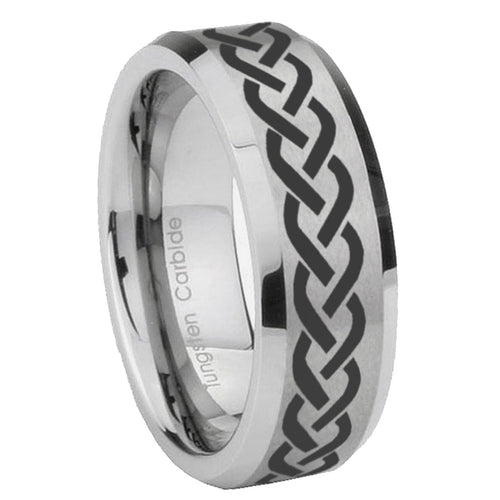 10mm Laser Celtic Knot Beveled Edges Matte Grey Tungsten Carbide Mens Ring Engraved