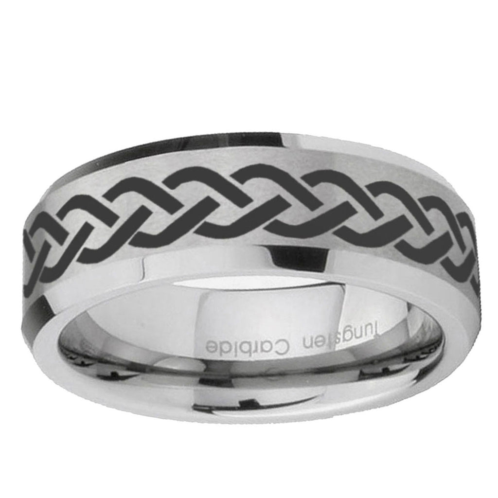 6MM Laser Celtic Knot Beveled Brushed Gray Tungsten Mens Ring