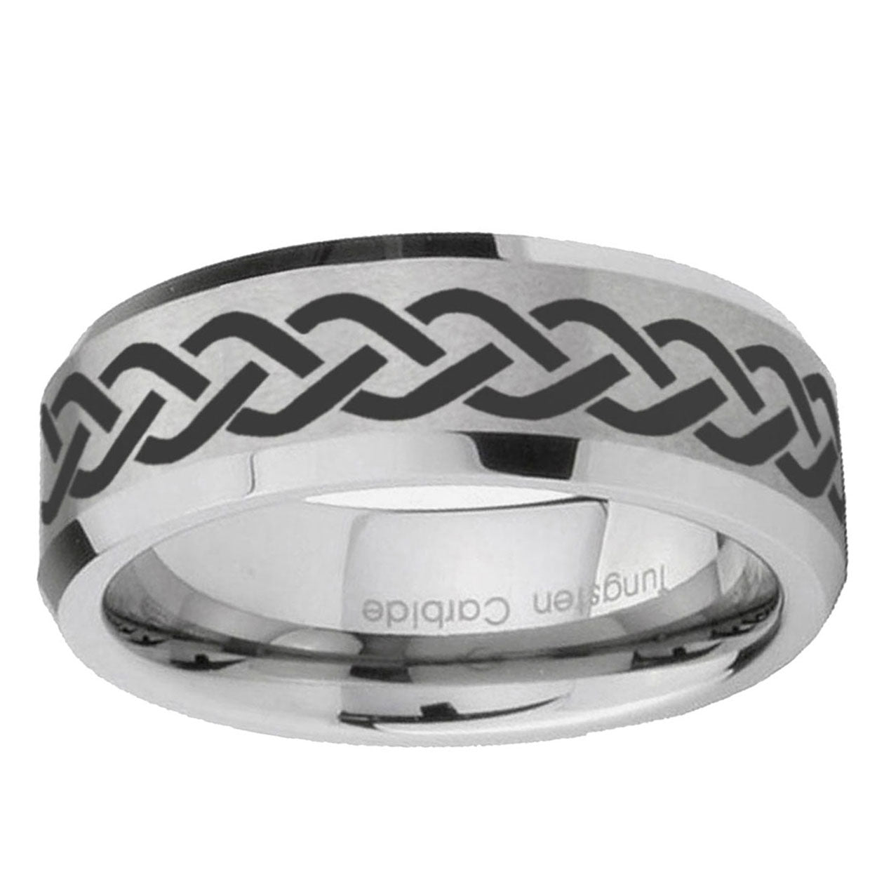 10mm Laser Celtic Knot Beveled Edge Matte Grey Tungsten Ring
