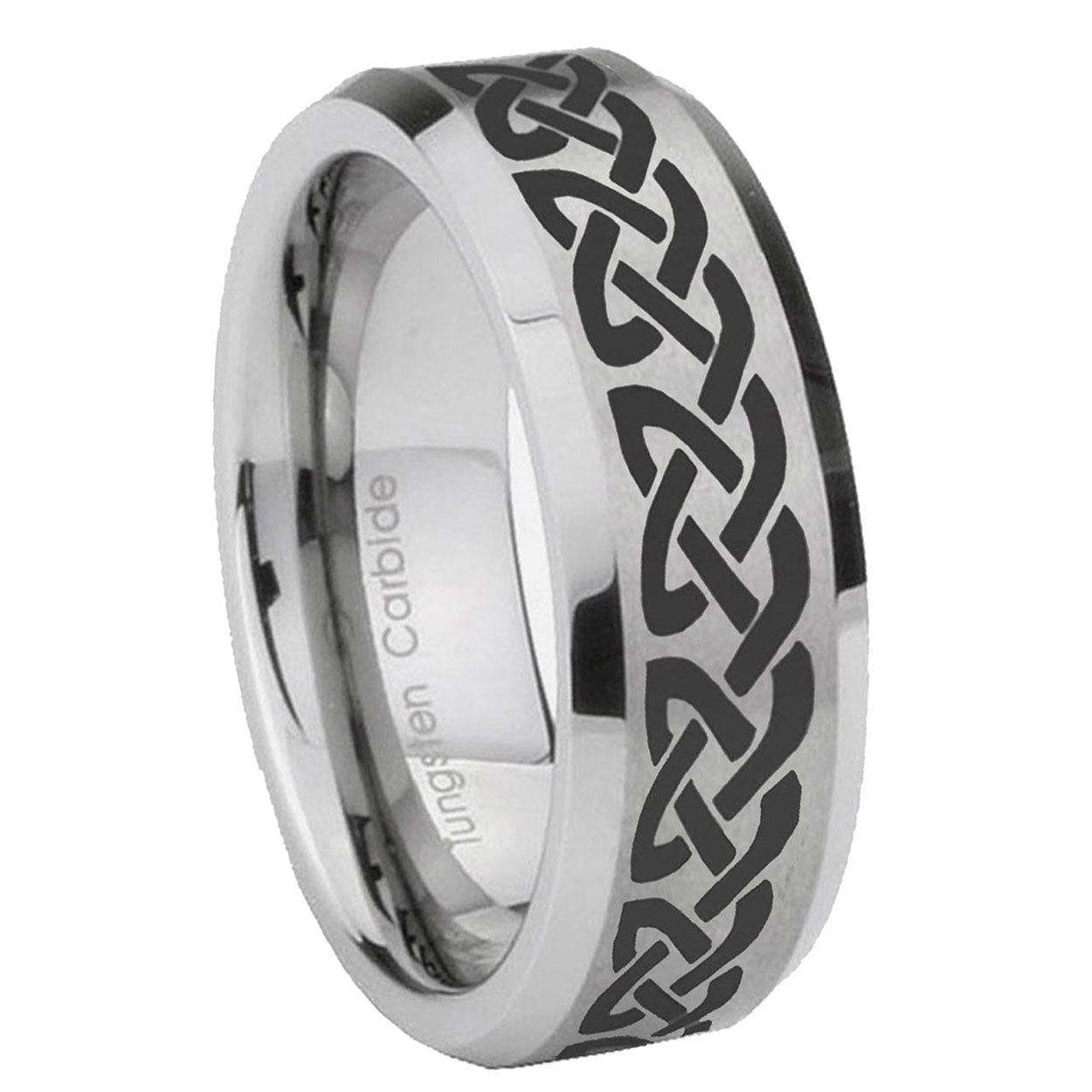 8MM Celtic Knot Love Beveled Brushed Gray Tungsten Band For Men