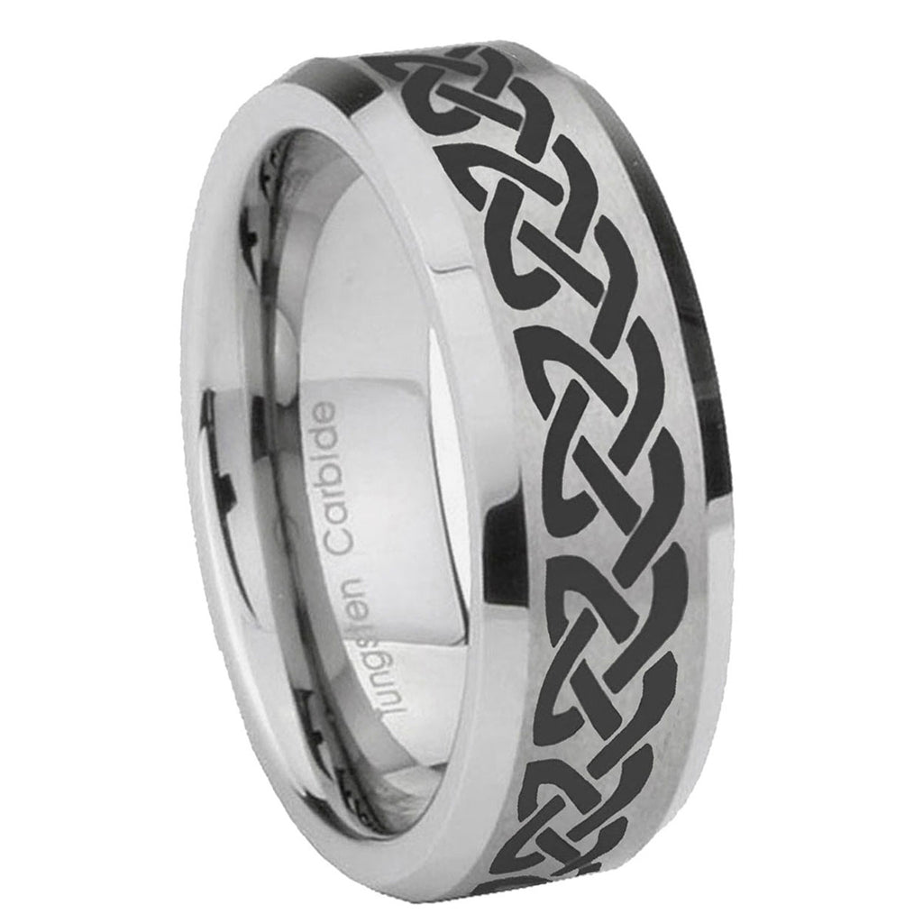 10mm Celtic Knot Love Beveled Edges Matte Grey Tungsten Carbide Mens Ring Engraved