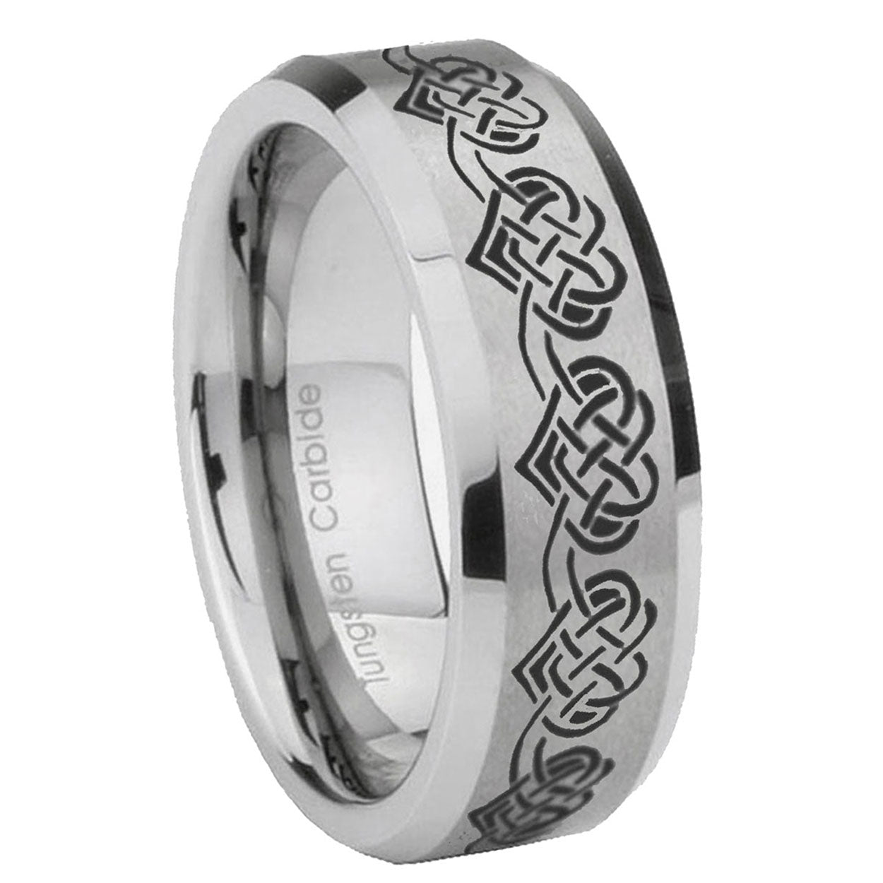 8MM Celtic Knot Heart Beveled Brushed Gray Tungsten Engravable Ring