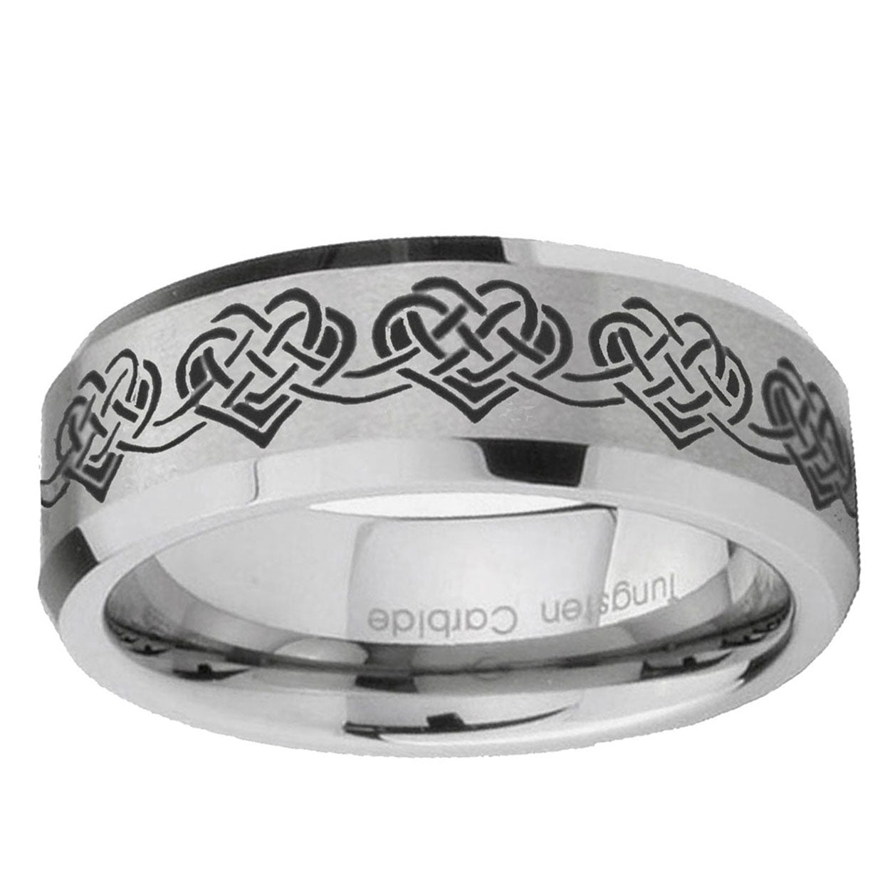 6MM Celtic Knot Heart Beveled Brushed Gray Tungsten Engravable Ring