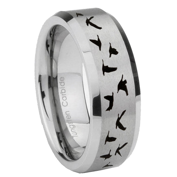 6, 8mm Flying Geese Hunting Beveled Edge Brushed Grey Tungsten Mens Ring