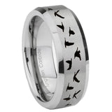 8mm Flying Geese Hunting Beveled Edge Brushed Grey Tungsten Mens Ring