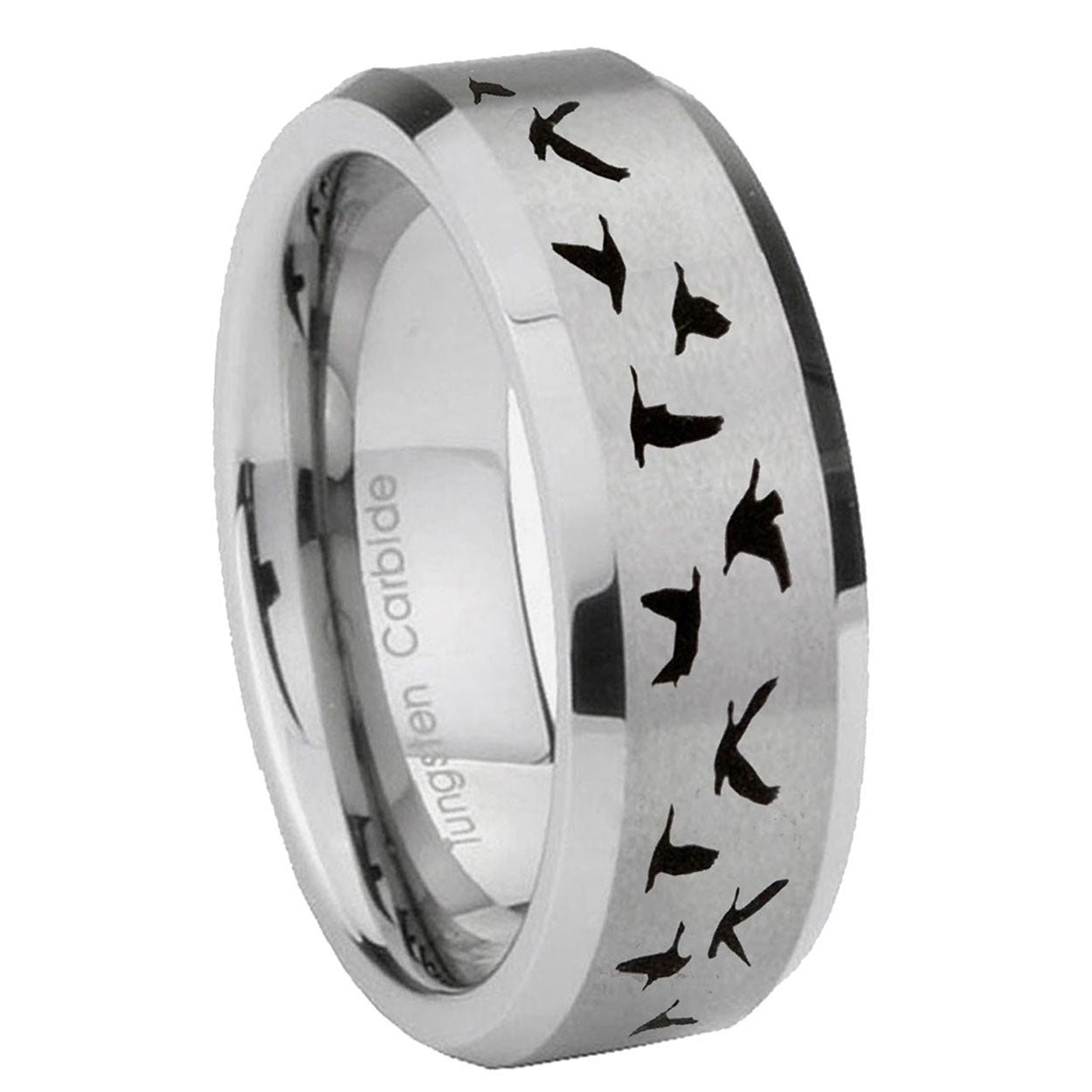 10mm Flying Geese Hunting Beveled Edges Matte Grey Tungsten Carbide Mens Ring Engraved