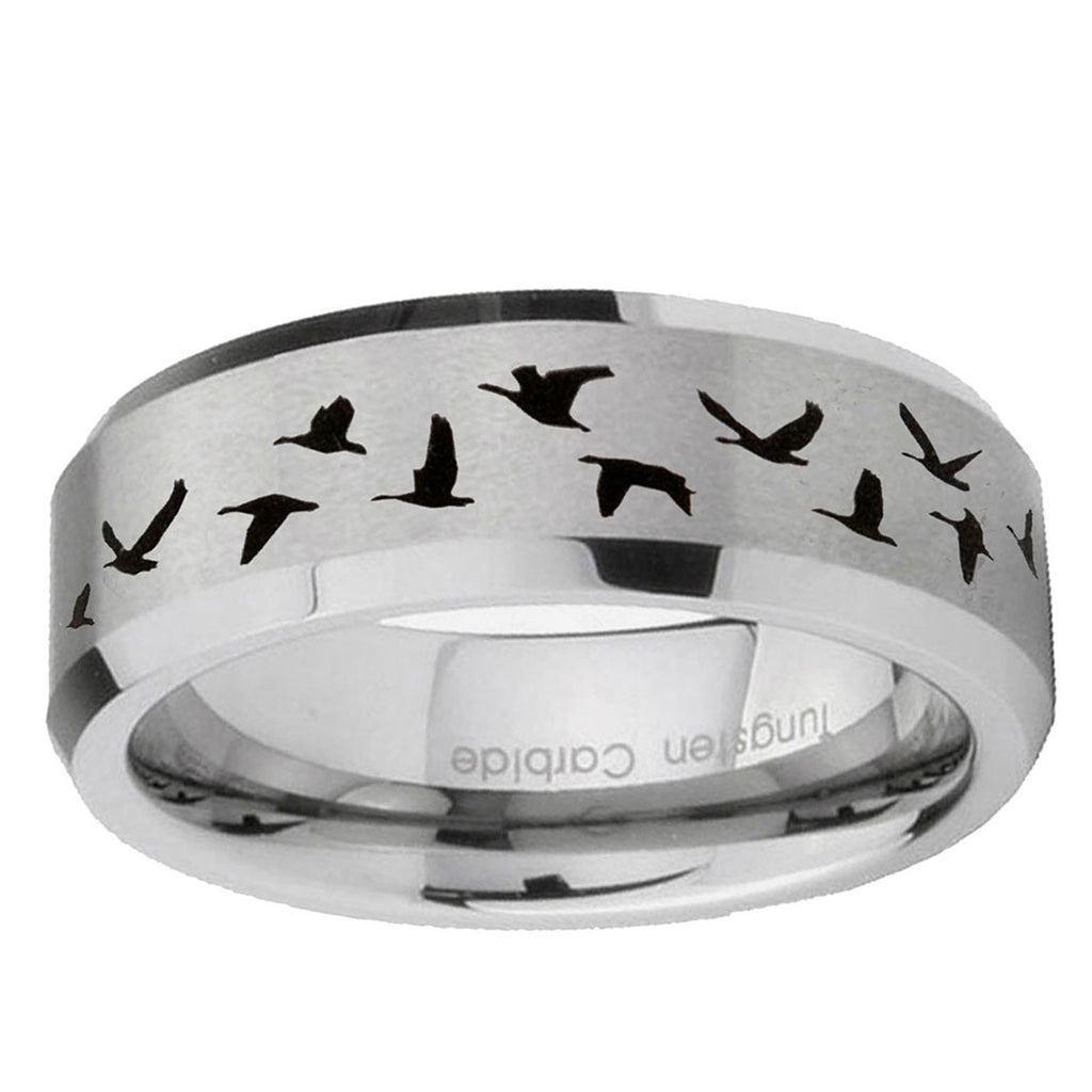 6MM Flaying Geese Hunting Beveled Brushed Gray Tungsten Band For Men