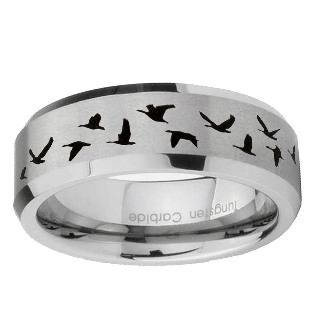 6MM Flaying Geese Hunting Beveled Brushed Gray Tungsten Band For Men