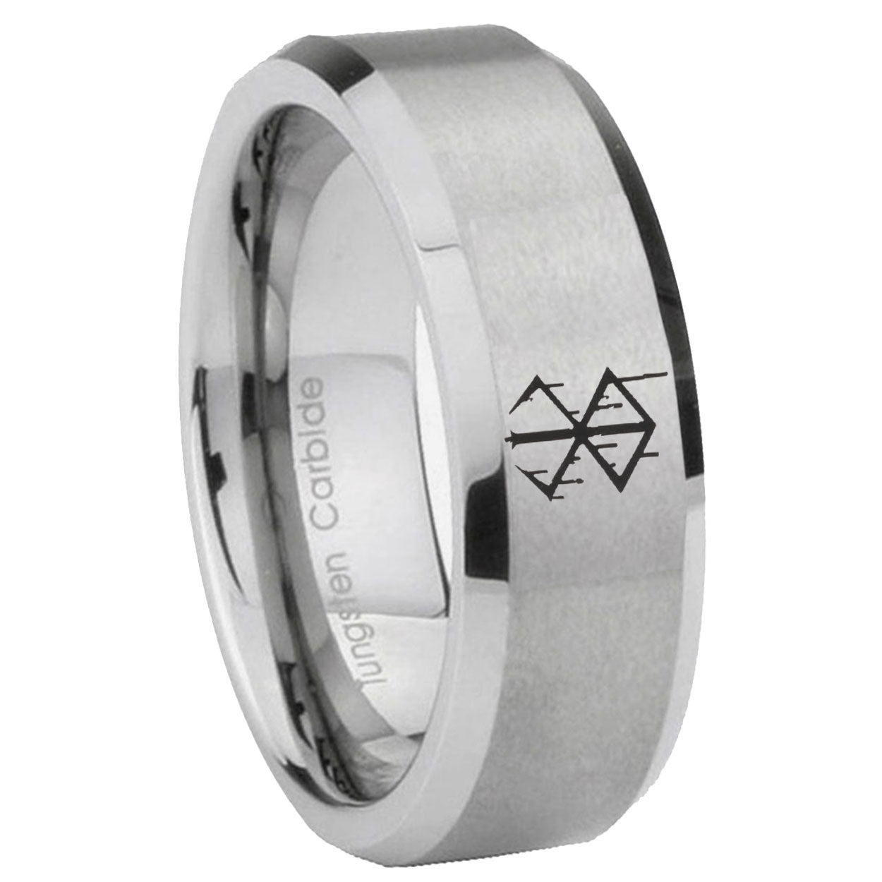 8MM Stigma Sangrando Berserk Inspired Beveled Brushed Gray Tungsten Wedding Band
