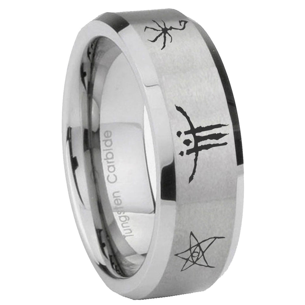 8MM Blackborne Caryll Runes Beveled Brushed Gray Tungsten Wedding Band