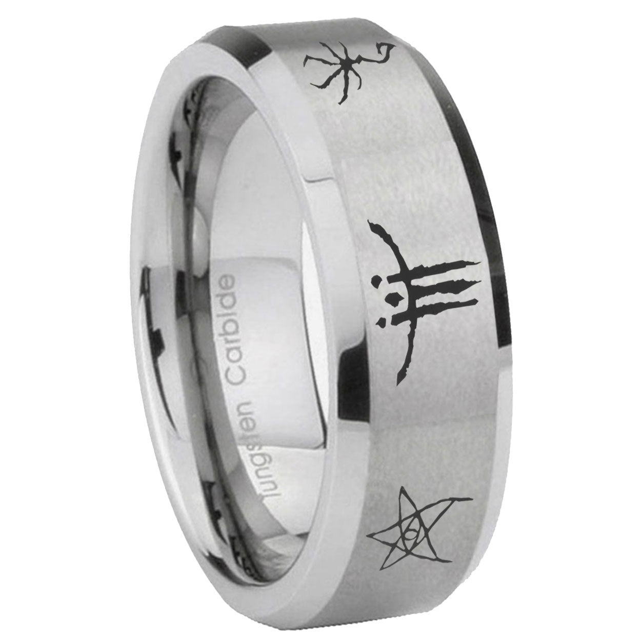 8MM Blackborne Caryll Runes Beveled Brushed Gray Tungsten Wedding Band