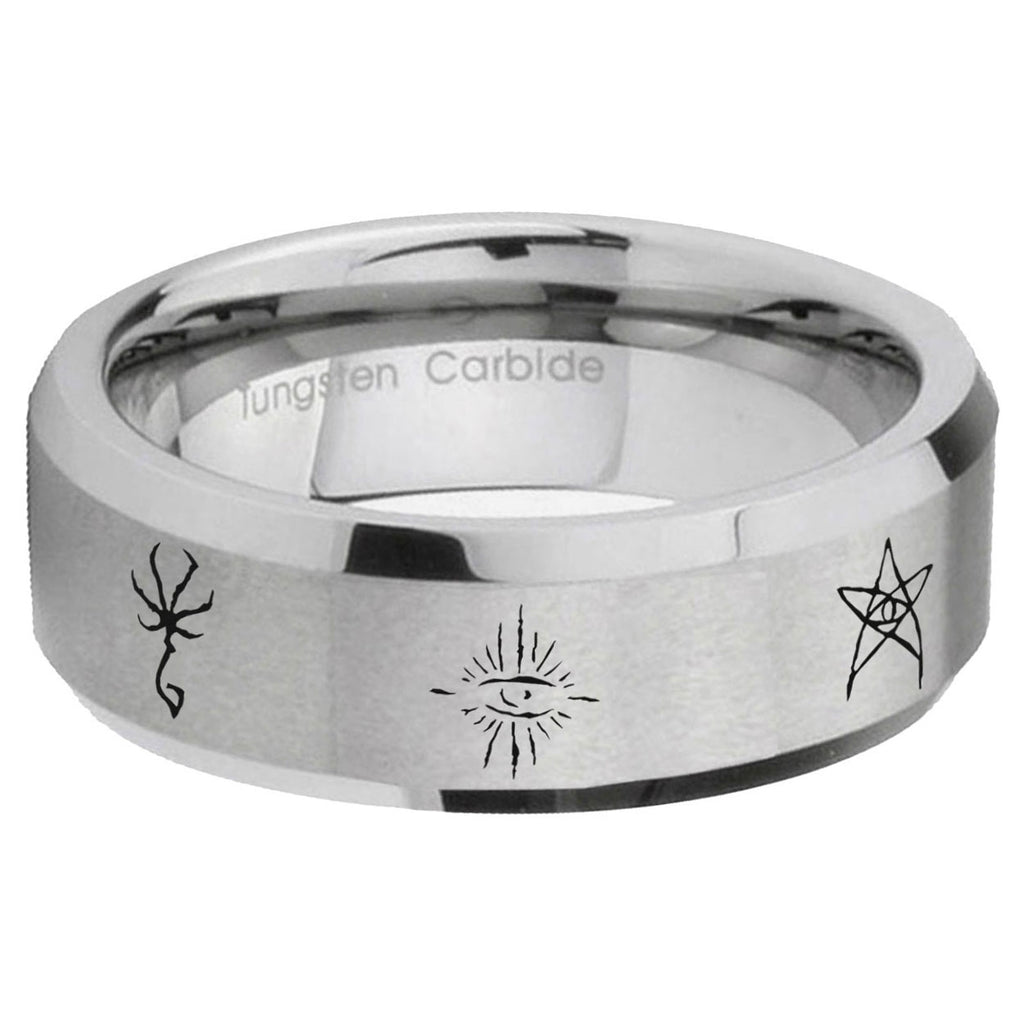 6MM Blackborne Caryll Runes Beveled Brushed Gray Tungsten Wedding Band