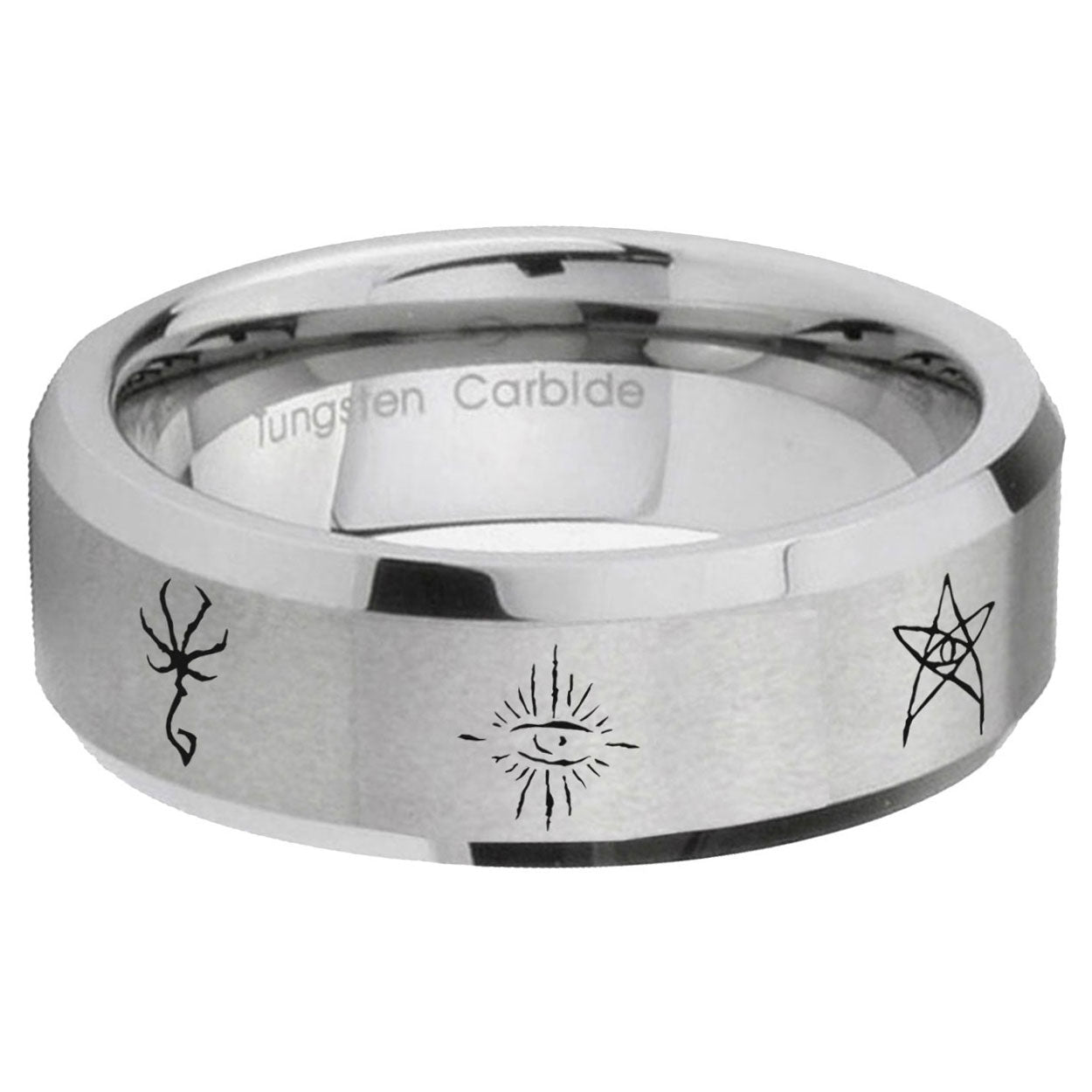 6MM Blackborne Caryll Runes Beveled Brushed Gray Tungsten Wedding Band