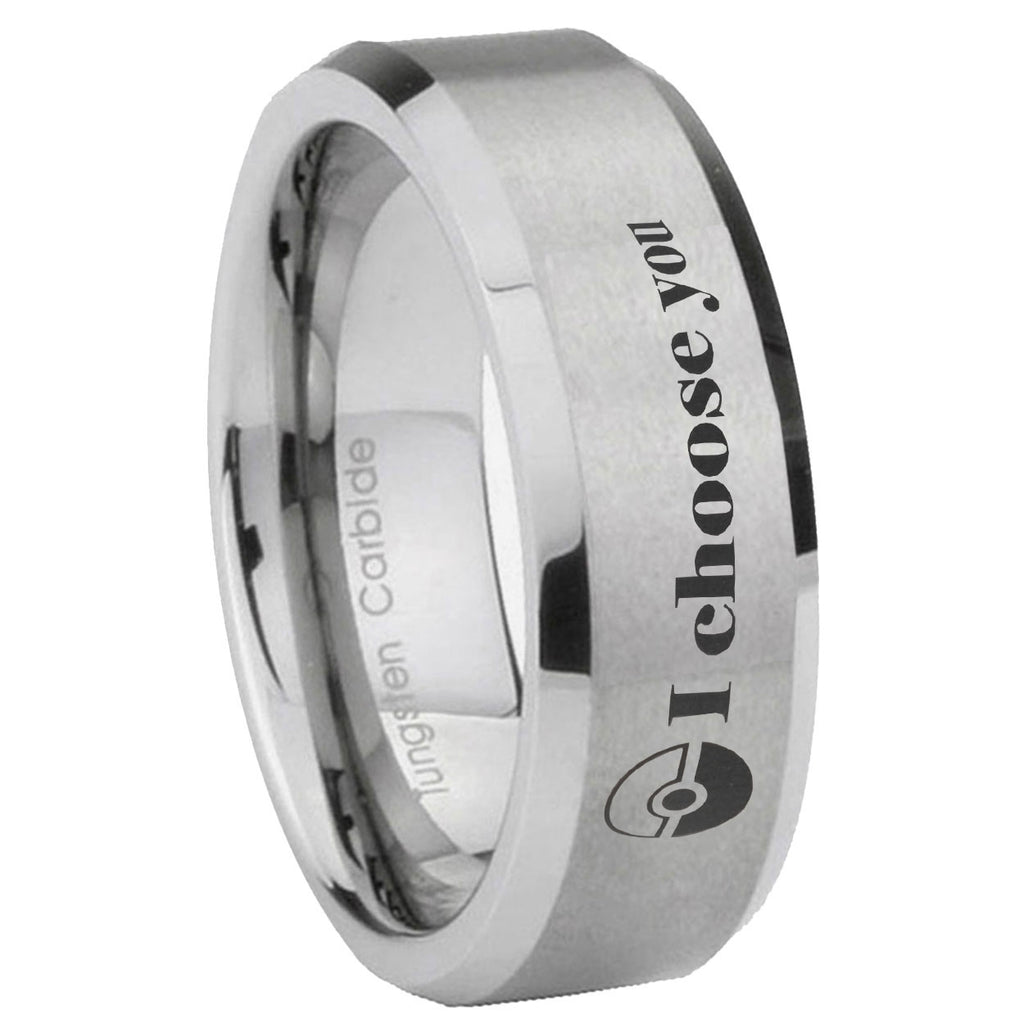 8MM Pokeball Pokemon Beveled Brushed Gray Tungsten Wedding Band