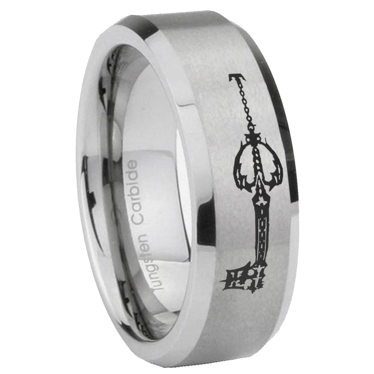 8MM kingdom heart keyblades Beveled Brushed Gray Tungsten Wedding Band