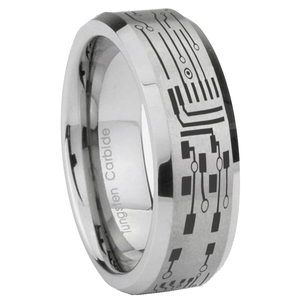 8MM Circuit Board Beveled Brushed Gray Tungsten Wedding Band