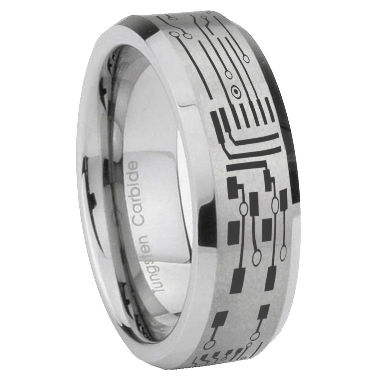 8MM Circuit Board Beveled Brushed Gray Tungsten Wedding Band