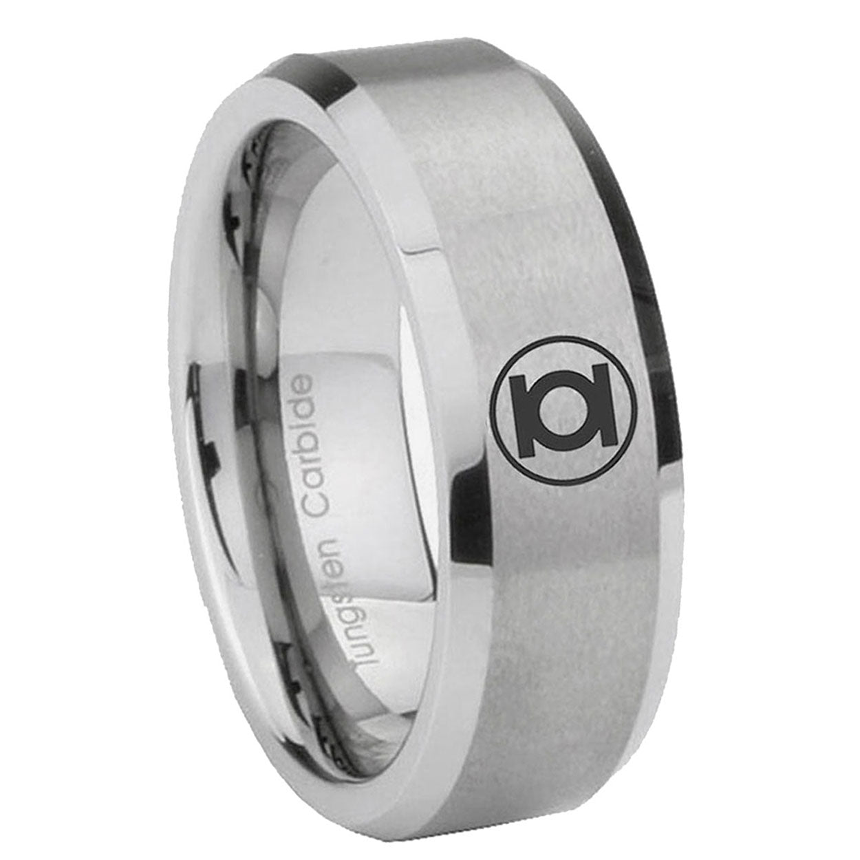 8MM Green Lantern Beveled Brushed Gray Tungsten Mens Wedding Band