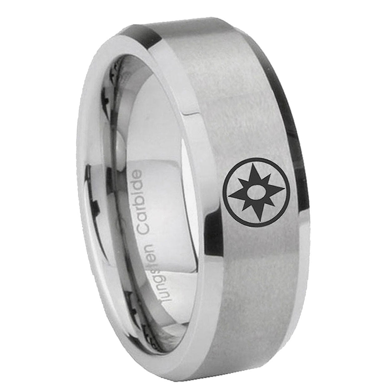 8MM Star Sapphire Lantern Beveled Brushed Gray Tungsten Wedding Band