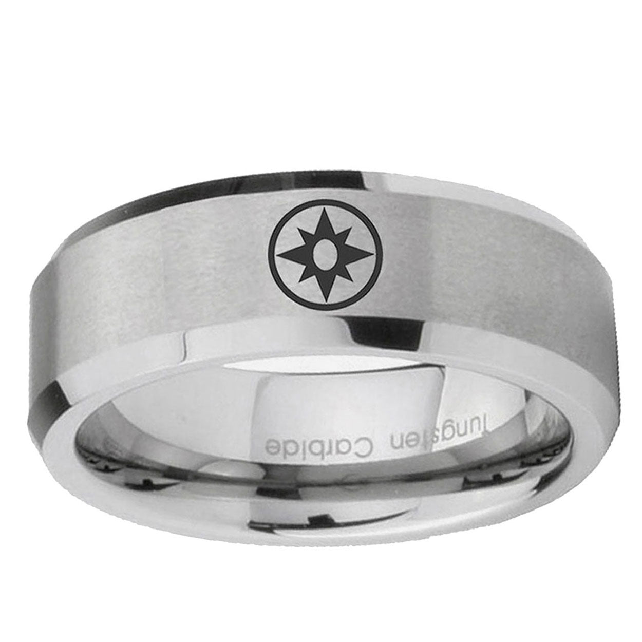 6MM Star Sapphire Lantern Beveled Brushed Gray Tungsten Wedding Band