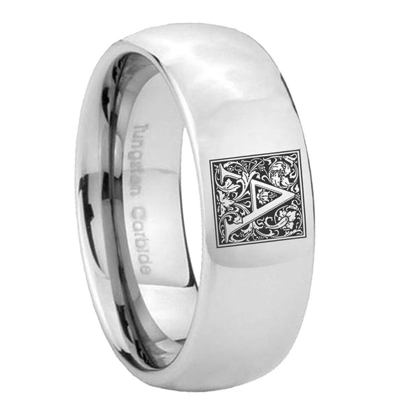 8mm-Dome-Silver-Tungsten-Floral-Initial-Letter-A,-Monogram-Rings
