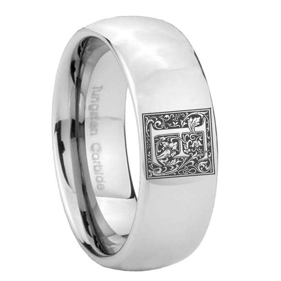 8mm-Dome-Silver-Tungsten-Floral-Initial-Letter-E,-Monogram-Rings