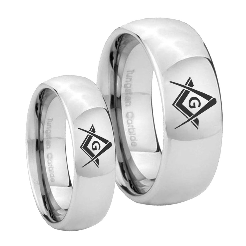 Freemason Masonic Mirror Dome Tungsten His Hers Ring Set