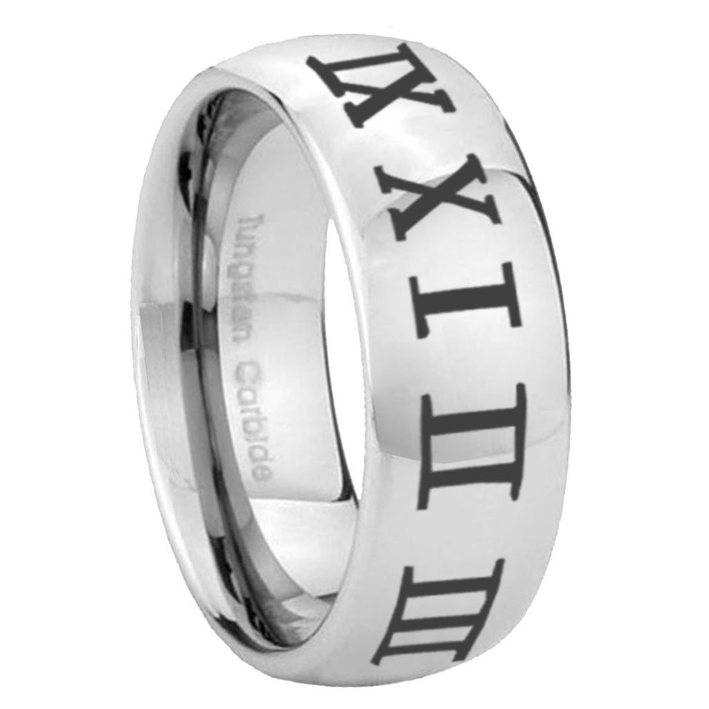 8MM Roman Numeral Dome Polish Silver Tungsten Custom Ring
