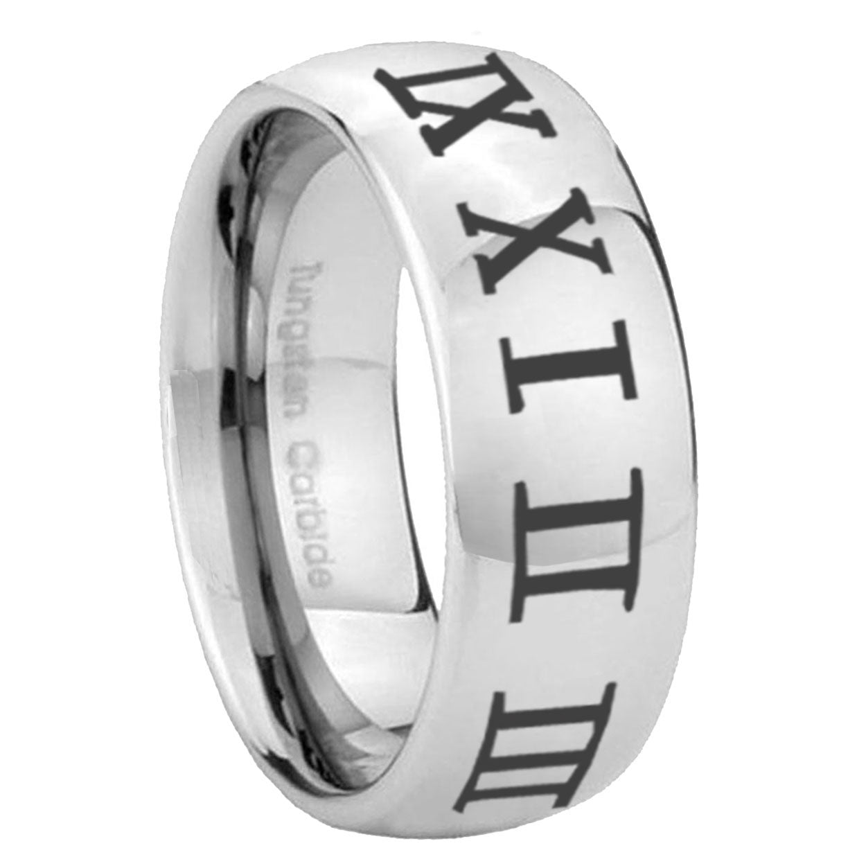 8MM Roman Numeral Dome Polish Silver Tungsten Custom Ring