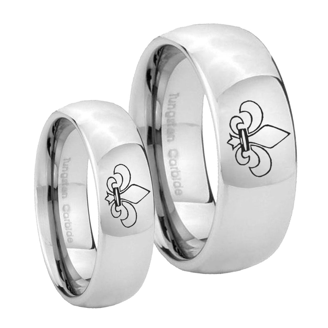 Fleur De Lis Mirror Dome Tungsten Mens Set Rings