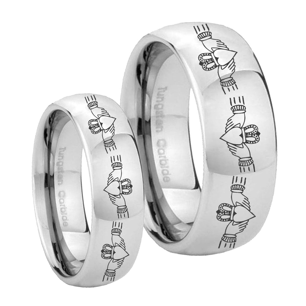Irish Claddagh Mirror Dome Tungsten Couple Band Set