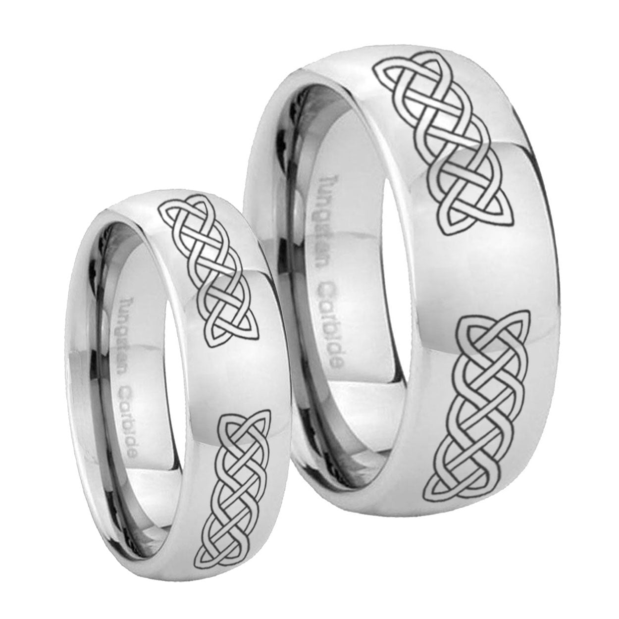 Celtic Knot Mirror Dome Tungsten His Hers Ring Set