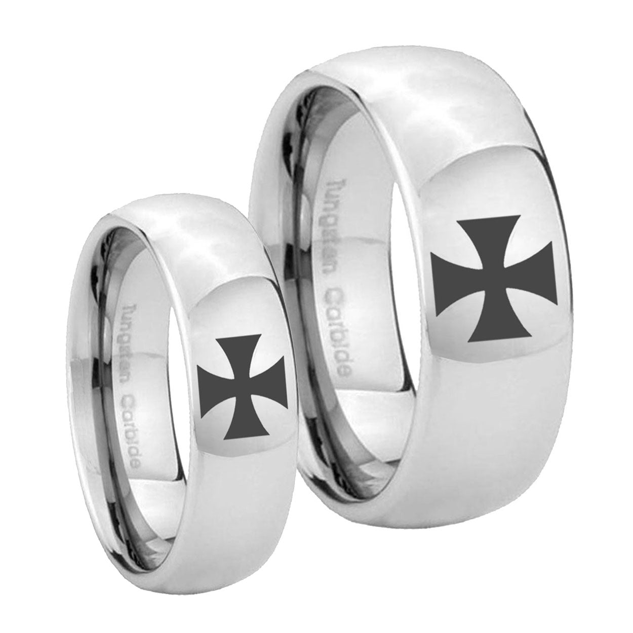 Maltese Cross Mirror Dome Tungsten Wedding Band Set