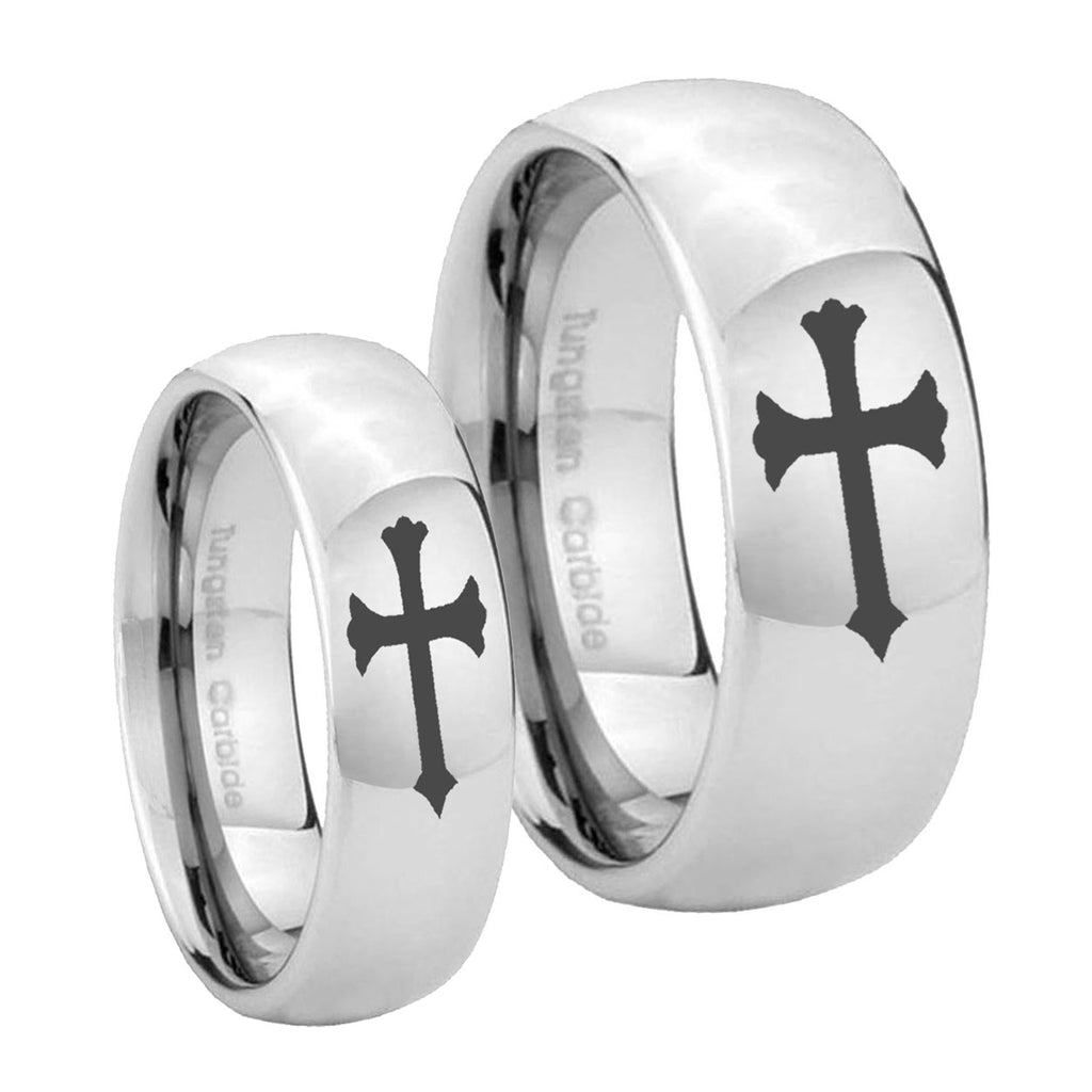 Christian Cross Mirror Dome Tungsten His Hers Ring Set