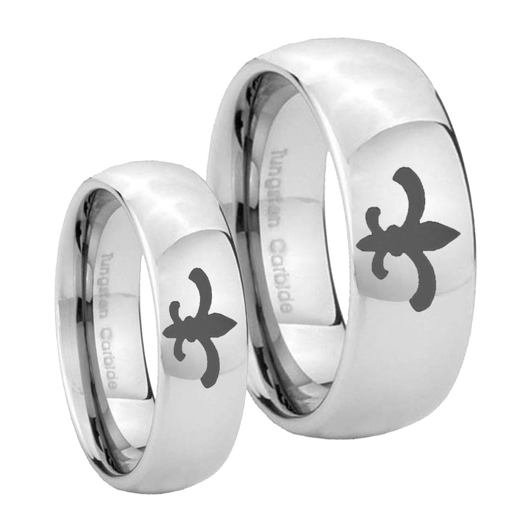 Fleur De Lis Mirror Dome Tungsten Bridal Ring Set