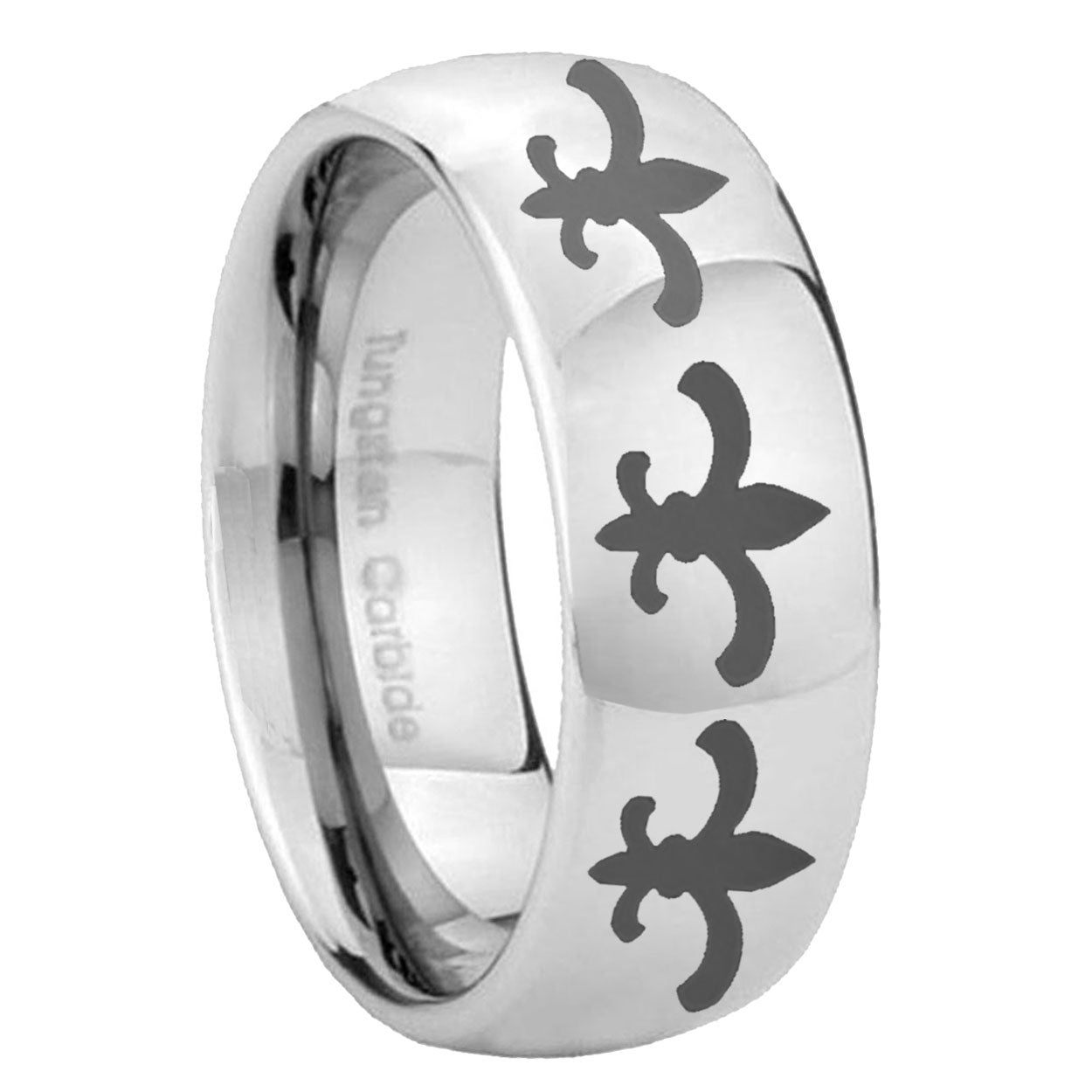 8MM Multiple Fleur-De-Lis Dome Polish Silver Tungsten Custom Ring