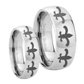 Multiple Fleur De Lis Mirror Dome Tungsten Couple Wedding Bands