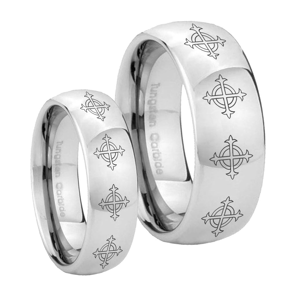 Multiple Crosses Mirror Dome Tungsten Bridal Band Set