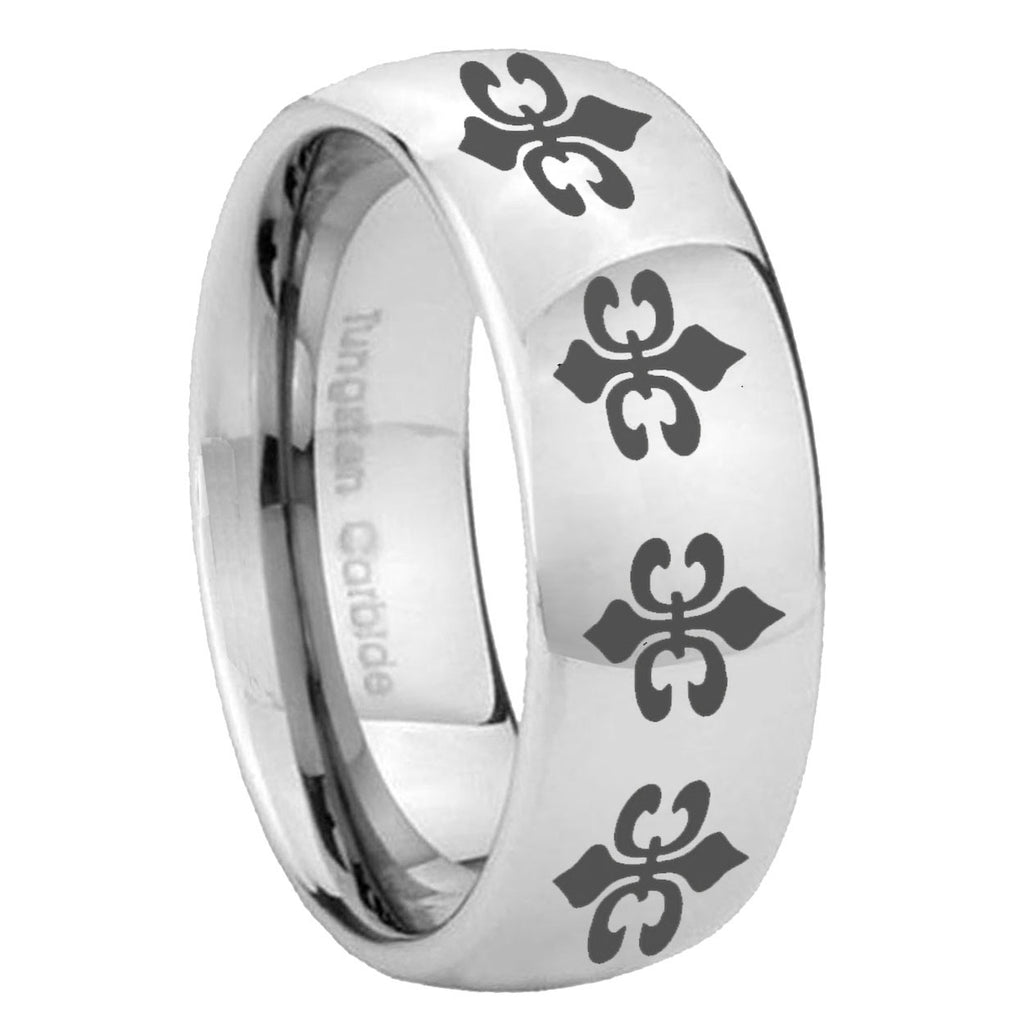 8MM Multiple Fleur Delis Dome Polish Silver Tungsten Band For Men
