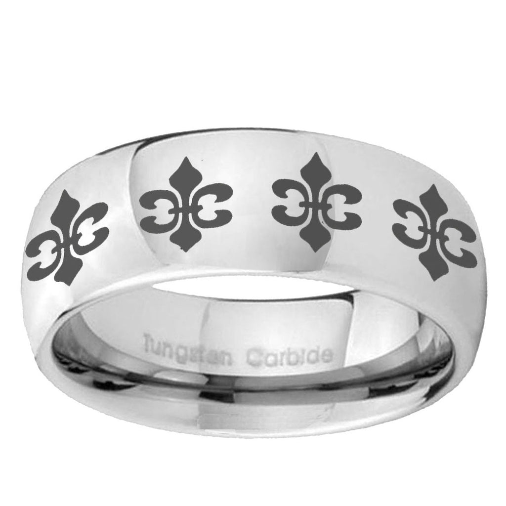 5MM Multiple Fleur Delis Dome Polish Silver Tungsten Band For Men