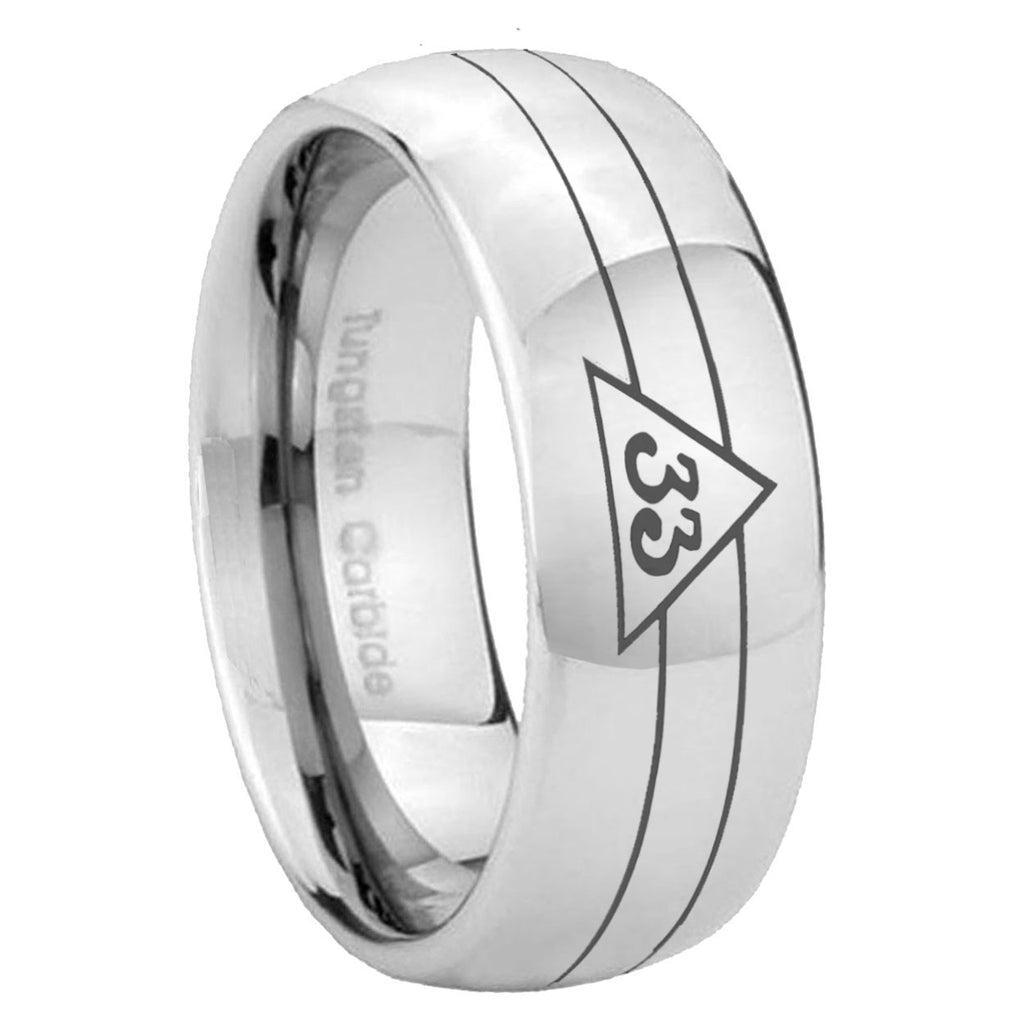 8MM Masonic 32 Duo Line Freemason Dome Polish Silver Tungsten Band