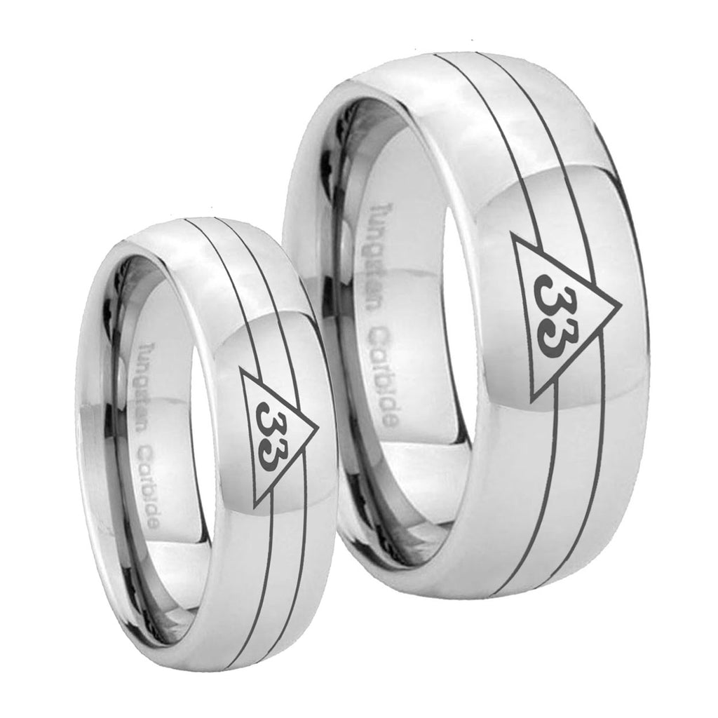 Masonic 32 Duo Line Freemason Mirror Dome Tungsten Wedding Ring Sets