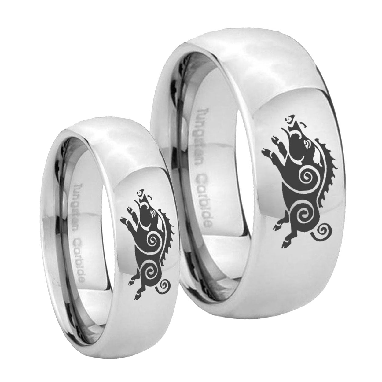 Wild Boar Mirror Dome Tungsten Wedding Set Ring