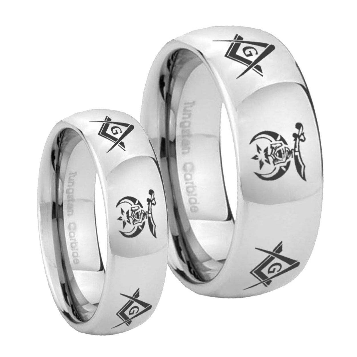 Masonic Shriners Mirror Dome Tungsten Couple Band Set