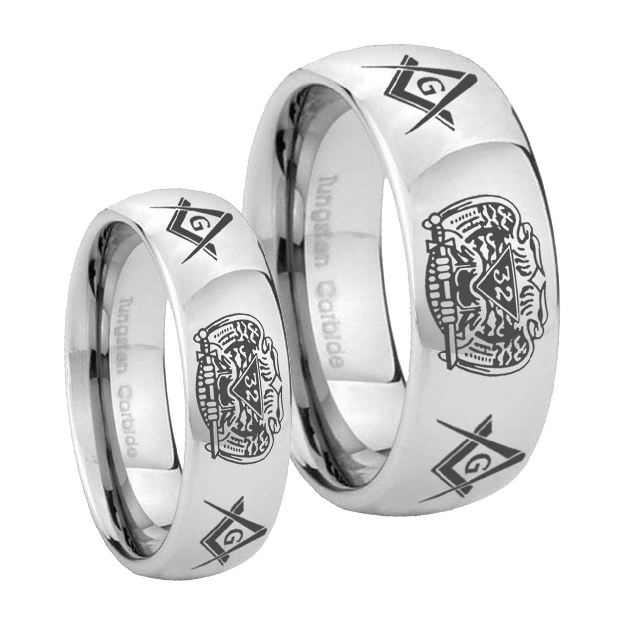 Masonic 32 Design Mirror Dome Tungsten His and Hers