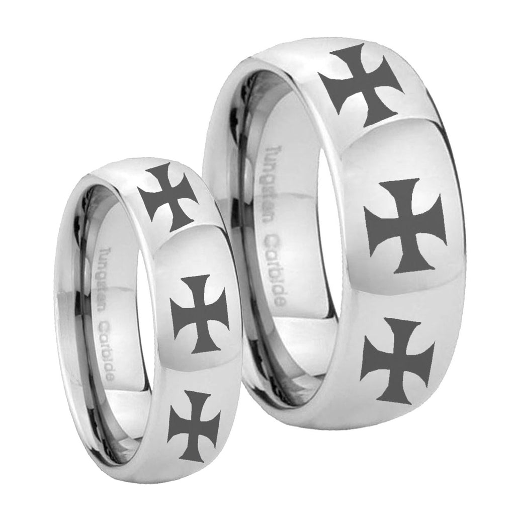 Multiple Maltese Cross Mirror Dome Tungsten His Hers Set Rings