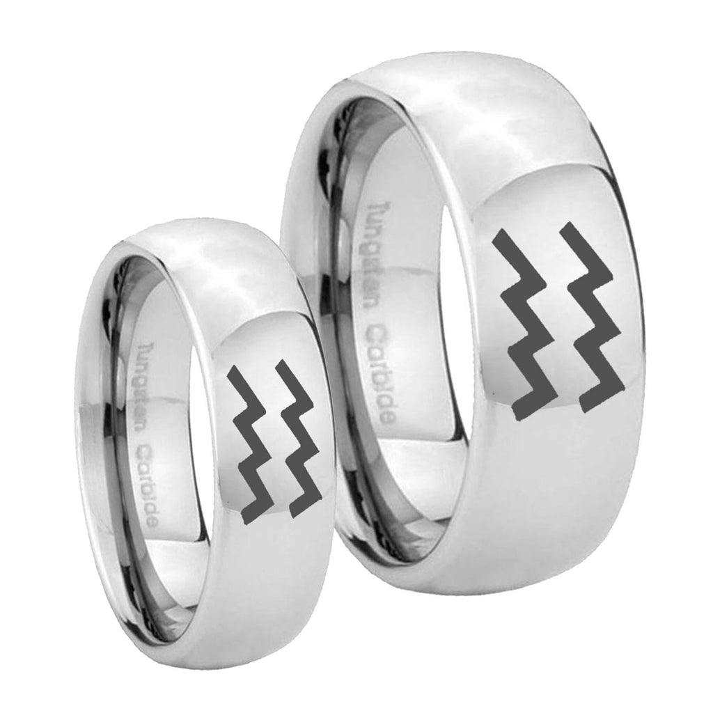 Aquarius Horoscope Mirror Dome Tungsten Wedding Set Ring