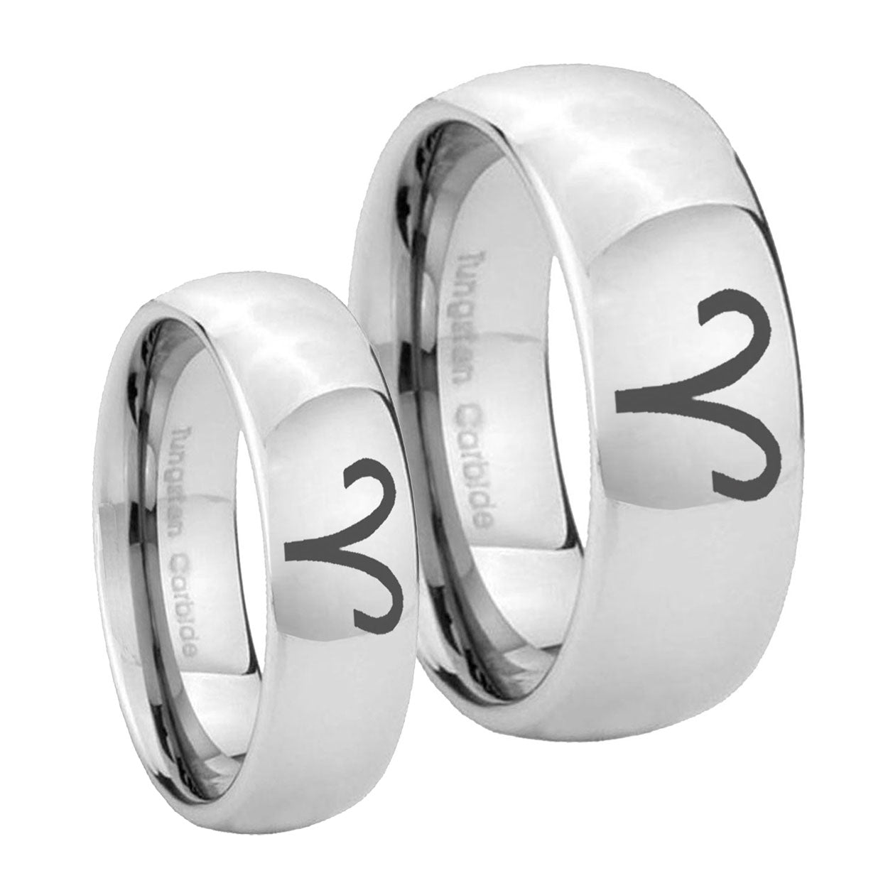 Aries Zodiac Mirror Dome Tungsten Wedding Set Ring